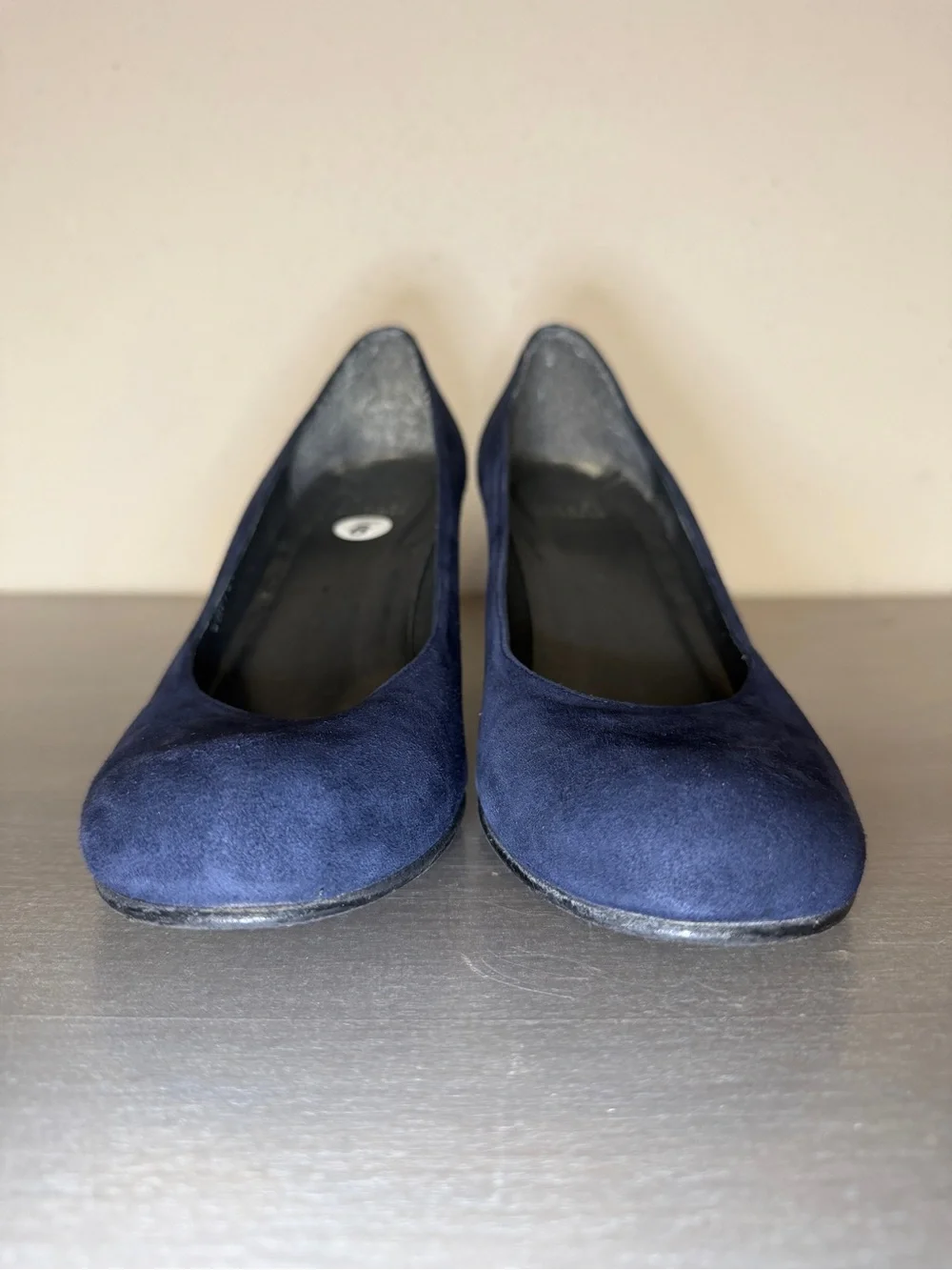 Stuart Weitzman Navy Blue Suede Wedge Pumps Round Toe Dress Shoes Spain Size 8 - Picture 6 of 13